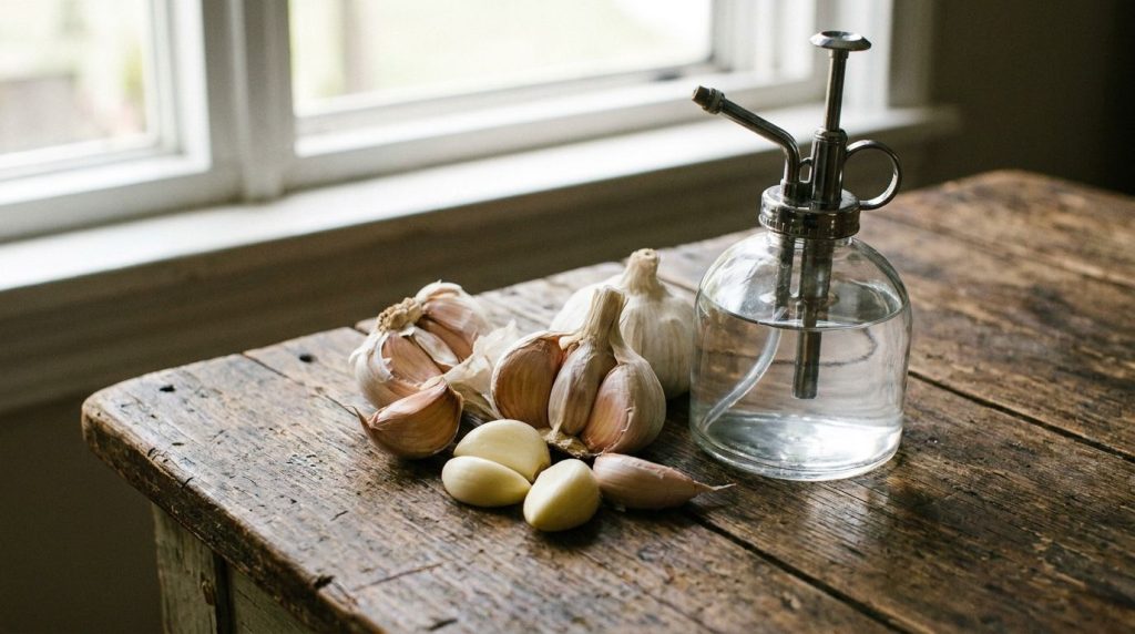 A close-up shot of garlic cloves and a homemade spray bottle suggesting natural pest control