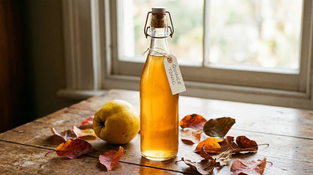 A clear glass bottle filled with golden-amber quince tonic with a tight-fitting cap sitting on a wooden surface next to 