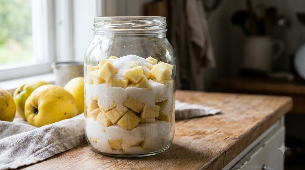Close-up of a clear glass jar filled with cubed quince pieces and white granulated sugar in distinct layers ready for ma