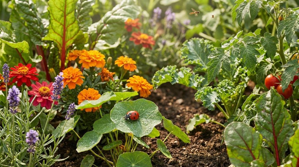 A vibrant diverse garden bed with a variety of flowering plants and vegetables showing signs of healthy growth and activ