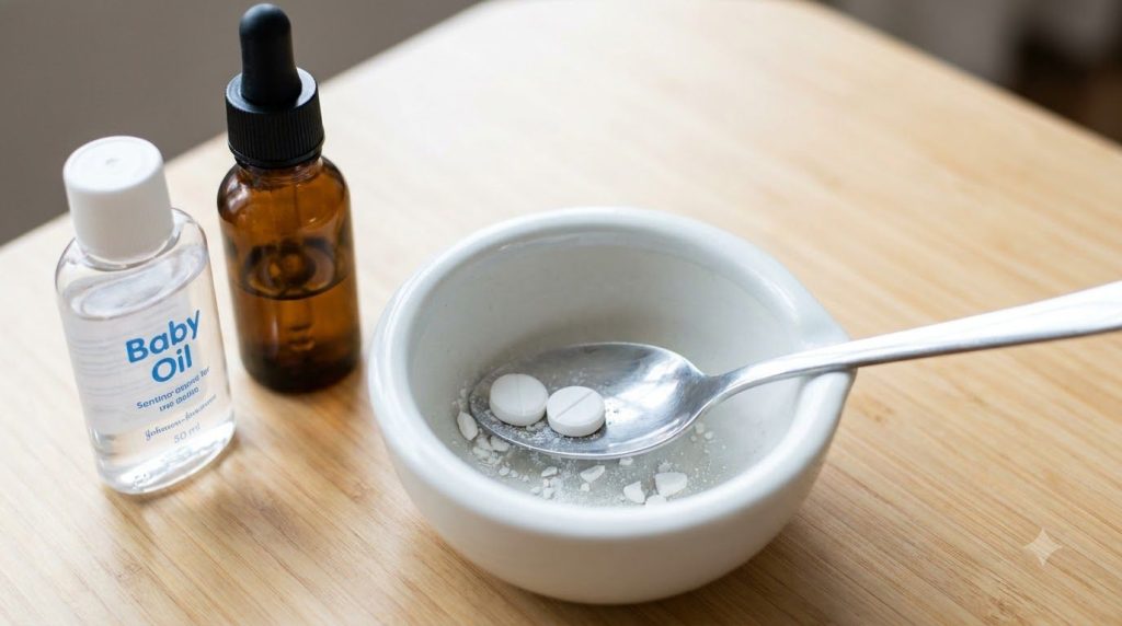 A small clean bowl with two aspirin tablets being crushed with the back of a spoon Beside it a small bottle of baby oil 