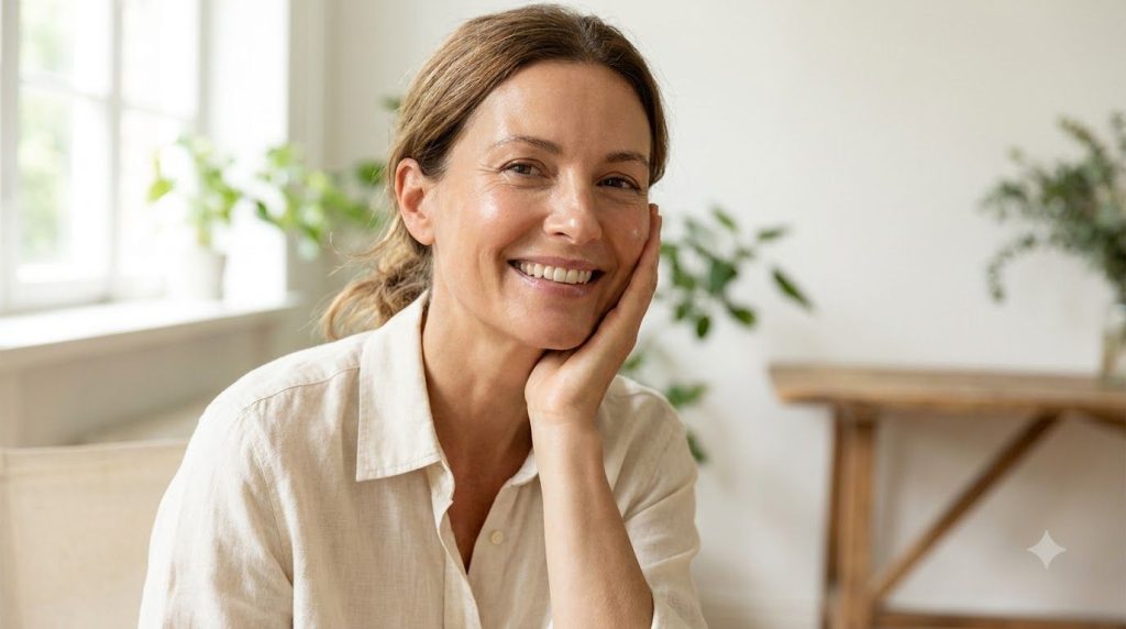 A woman with glowing smooth skin gently touching her cheek smiling confidently with soft diffused lighting and a natural