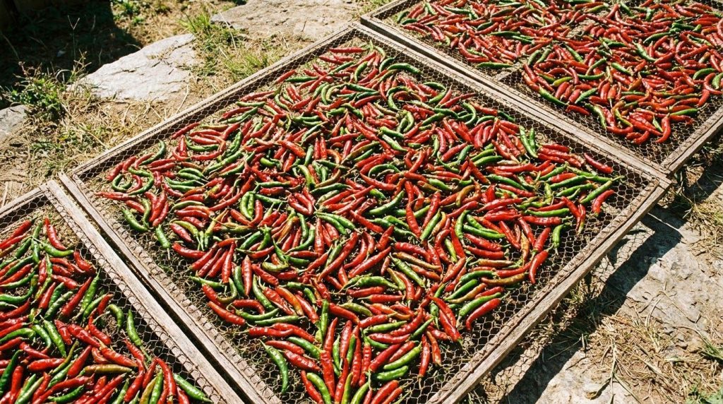 Various red and green chili peppers laid out in a single layer on mesh drying racks under direct sunlight outdoors