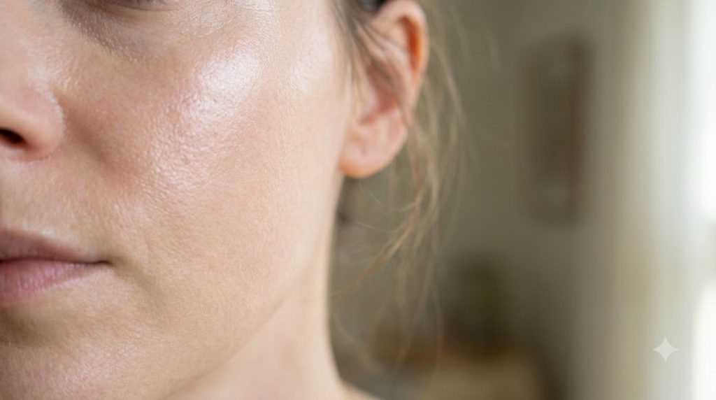 A close-up of a woman s radiant smooth skin on her cheek showing a healthy youthful glow after consistent skincare Soft 