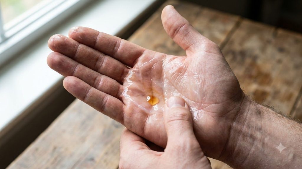 Close-up of a hand mixing petroleum jelly and baby oil in the palm showing a smooth blended texture Soft practical light