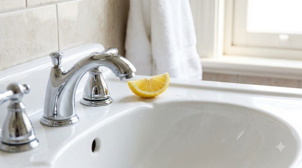 A sparkling clean bathroom sink with a polished faucet with a lemon wedge placed near it