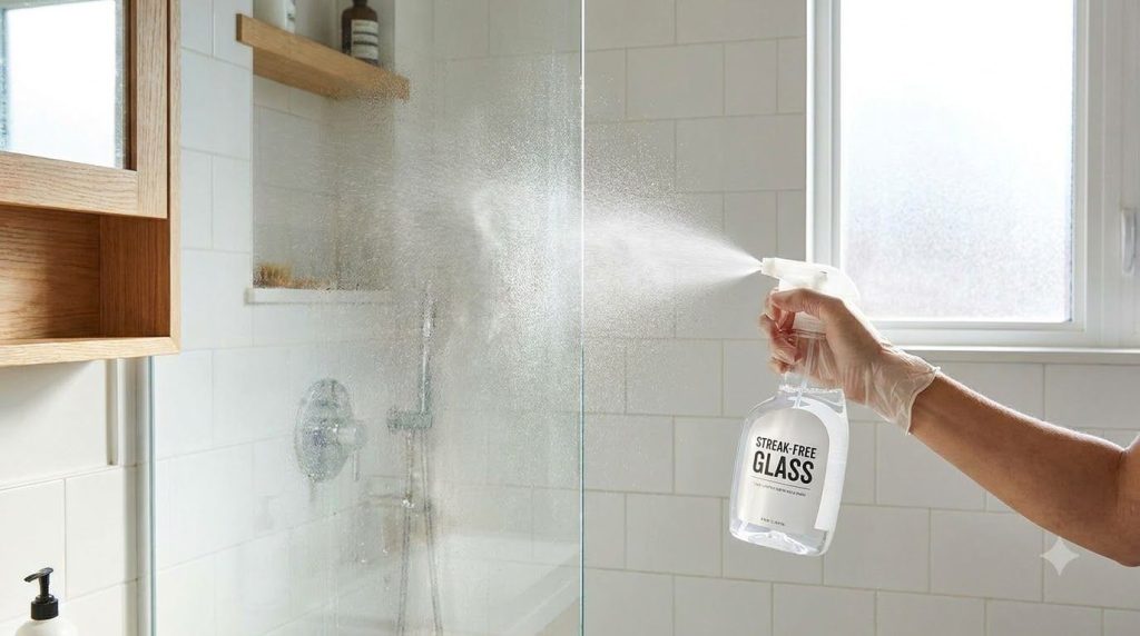 A person spraying a glass shower door with a homemade cleaning solution creating a streak-free shine