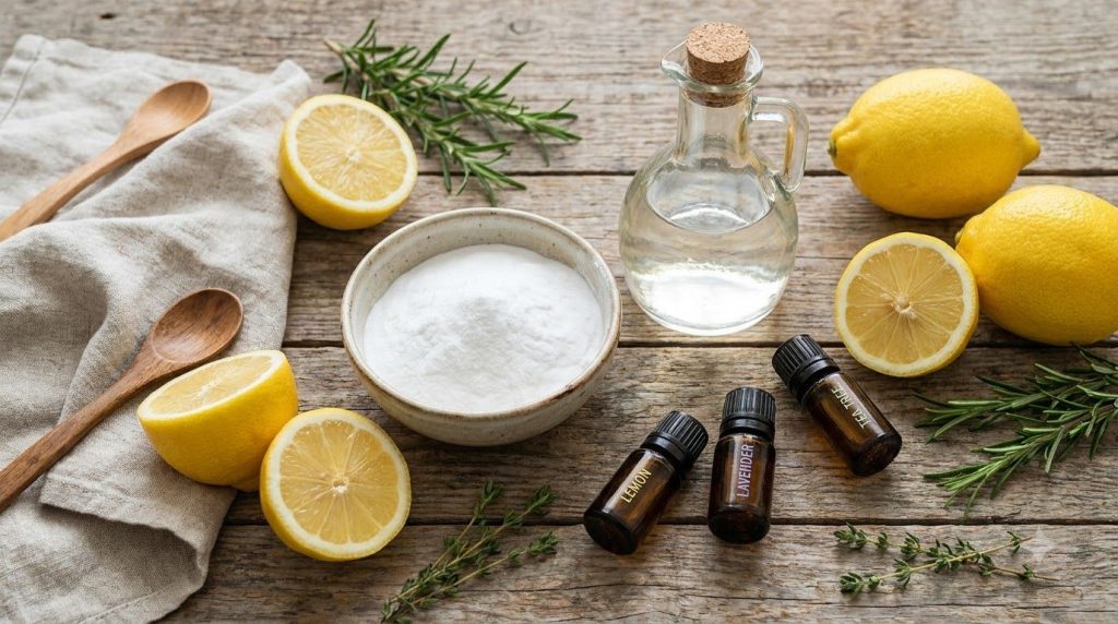 A neatly organized collection of natural cleaning ingredients like baking soda white vinegar lemons and essential oil bo