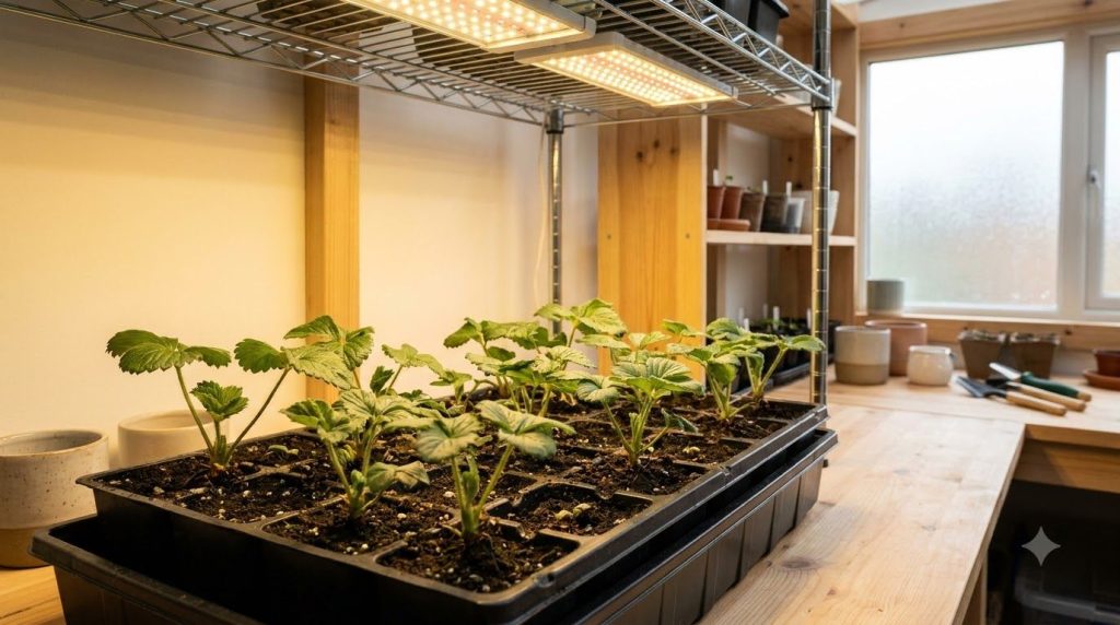 Small strawberry seedlings growing vigorously in a seed tray under bright grow lights ready for transplanting