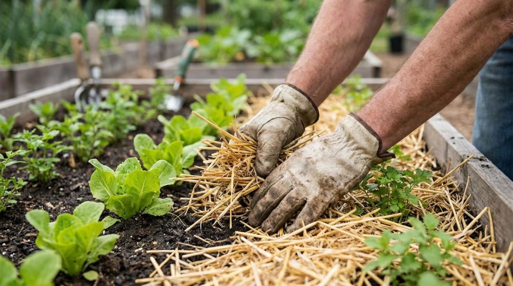 Gardener applying straw mulch around young vegetable plants in a raised bed
