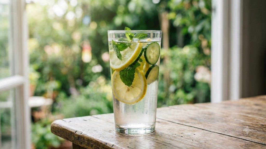A refreshing glass of fruit-infused water with lemon cucumber and mint on a wooden table with a blurred natural backgrou