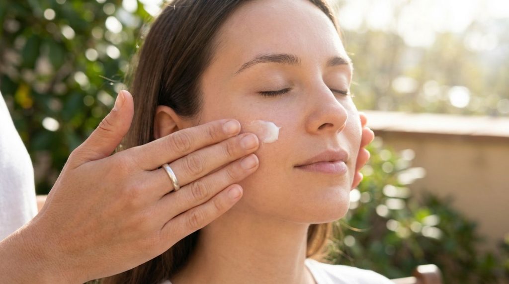 A person s hands gently massaging a small amount of a white cream or oil onto a clean visibly smooth face demonstrating 