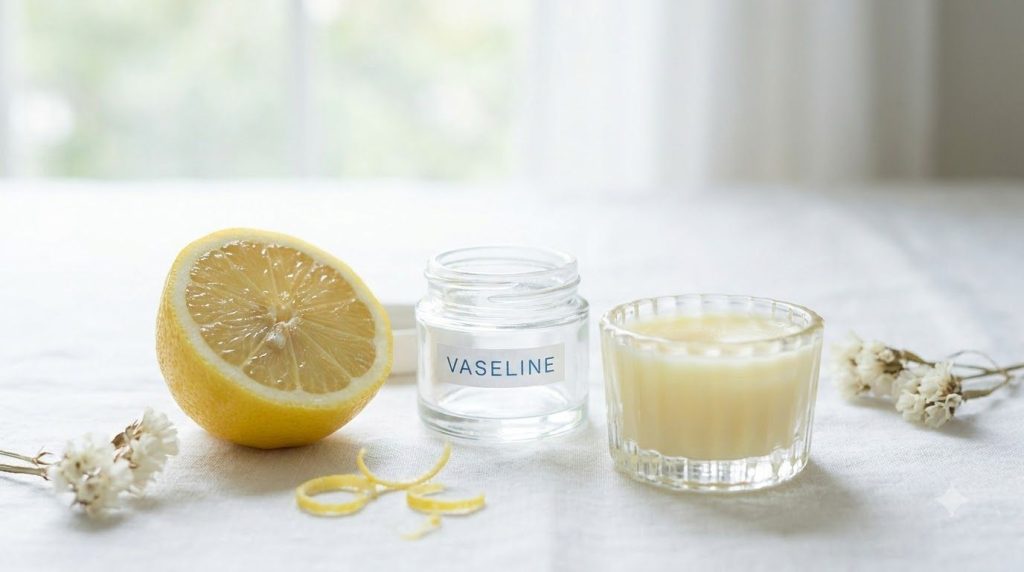 A sliced lemon next to a small jar of Vaseline with a small dish containing a mixed Vaseline and lemon concoction