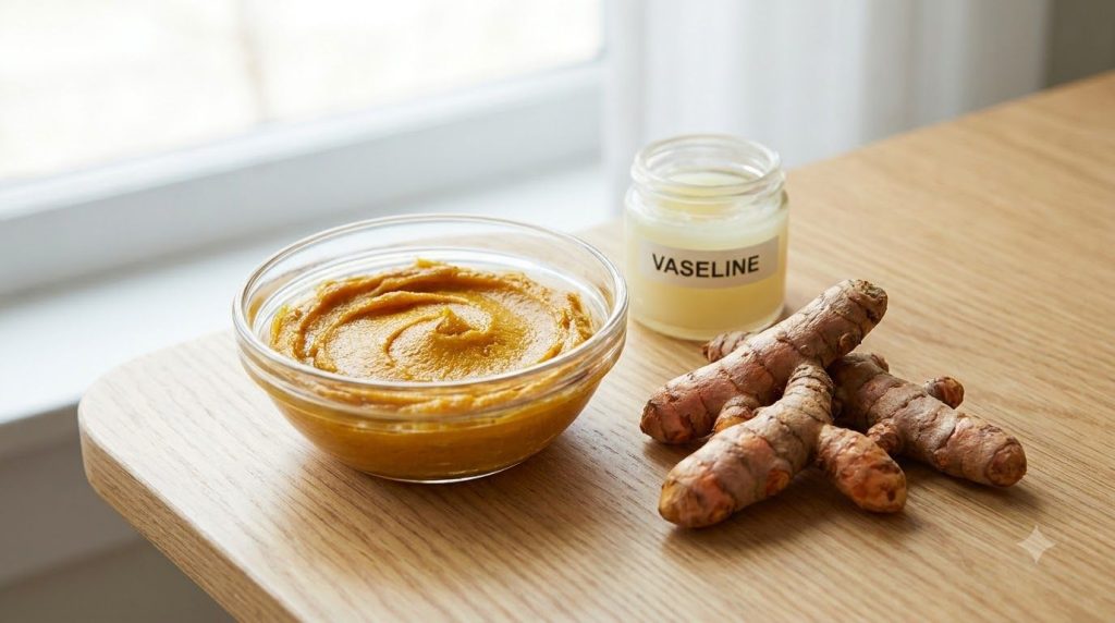 A small bowl with a mixture of Vaseline and turmeric powder next to a fresh turmeric root and a Vaseline jar