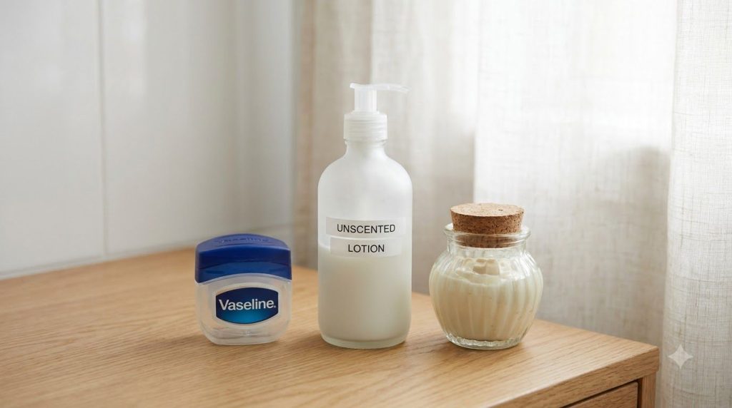 A small jar of Vaseline next to a bottle of unscented lotion or aloe vera with a small container of the mixed creamy bas