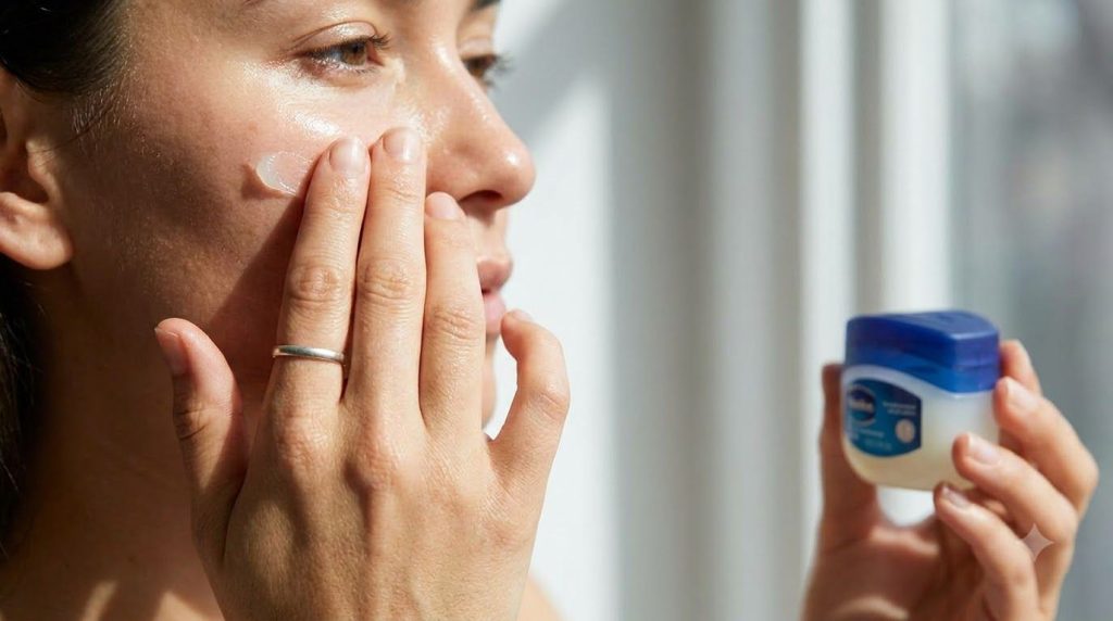 Close-up of a woman s hand applying a small amount of Vaseline to her face showing smooth hydrated skin