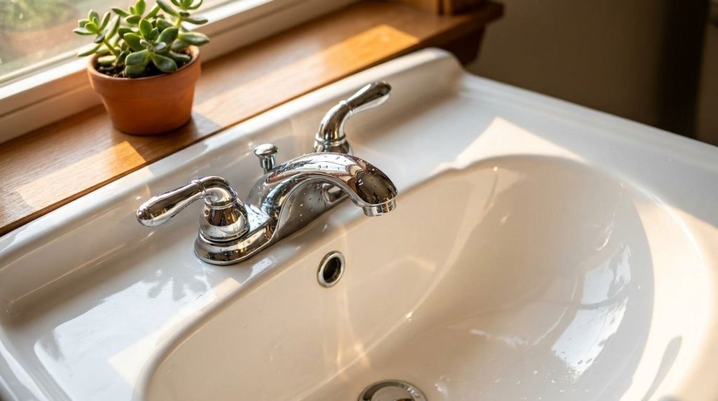 A clean sparkling bathroom sink with a shiny chrome faucet and a green potted plant in the background implying successfu