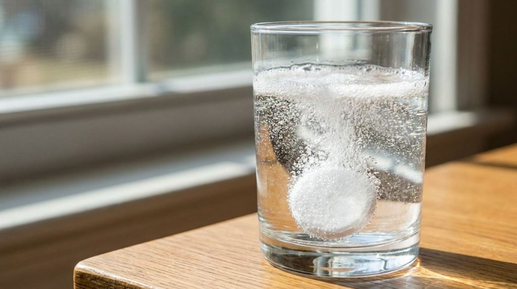 Close-up of a denture cleaning tablet fizzing in a glass of water showing bubbles and a clean effervescent reaction