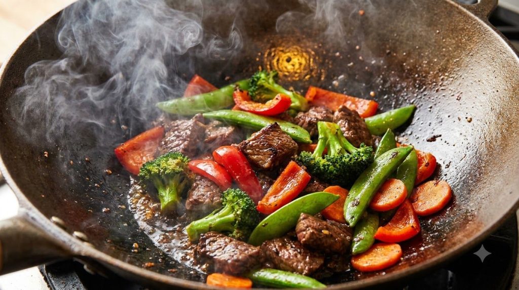 A close-up of a vibrant beef and vegetable stir-fry sizzling in a hot wok with steam rising and fresh ingredients visibl