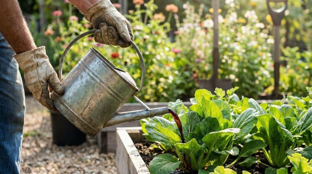A gardener pouring compost tea from a watering can onto healthy garden plants