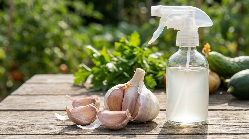 A close-up of a garlic clove next to a spray bottle suggesting a homemade pest repellent