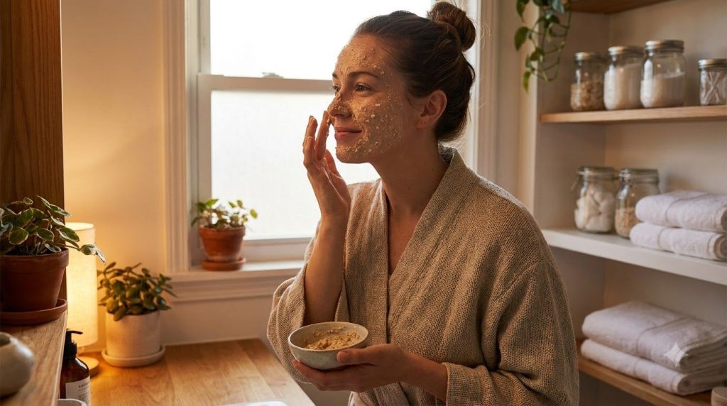 A woman gently applying a homemade face mask to her clean skin before bed looking refreshed and relaxed