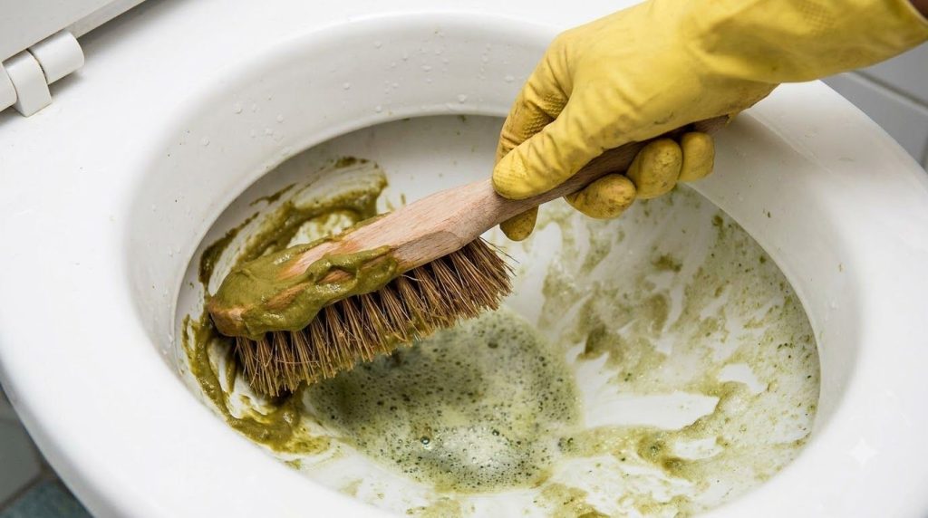 A hand wearing a glove scrubbing the inside of a toilet bowl with a natural cleaning paste made from lime salt and bakin