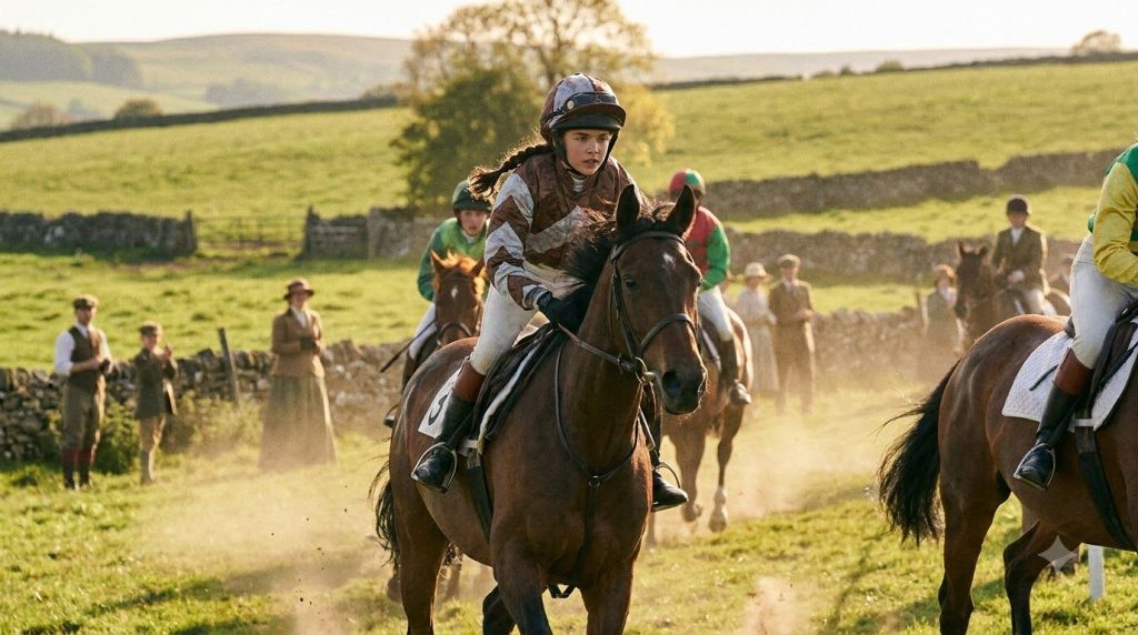 Elizabeth Taylor riding a horse in a scene from the movie National Velvet showing her as a determined young jockey