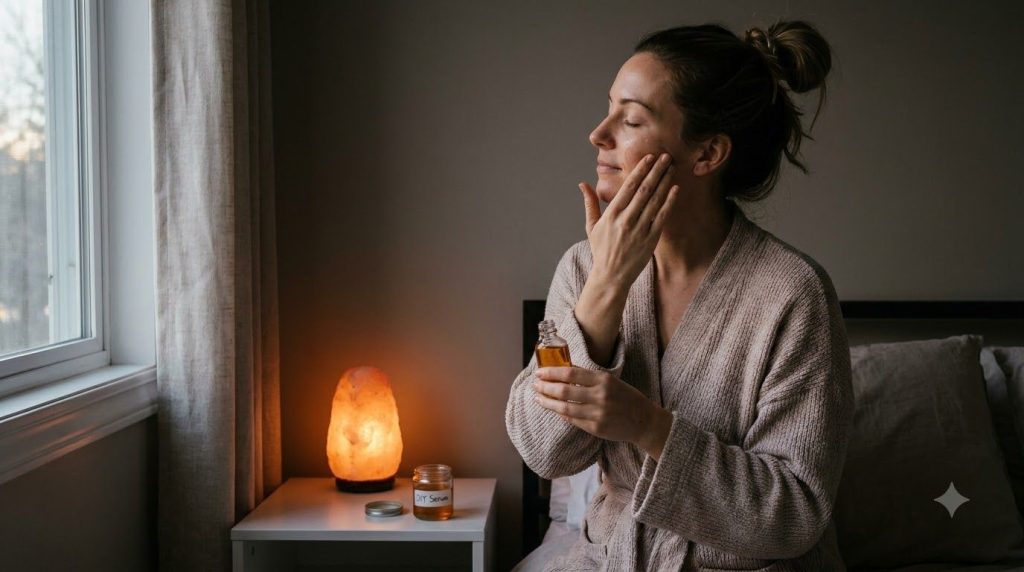 A woman gently applying the DIY serum to her face and neck during her nightly routine in a soft dim lit bedroom