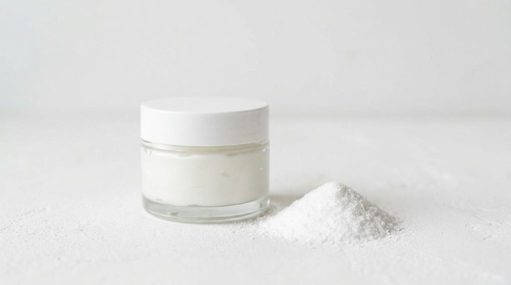 A small minimalist jar of homemade white cream made with Vaseline and Vitamin C with a small pile of white crystalline p