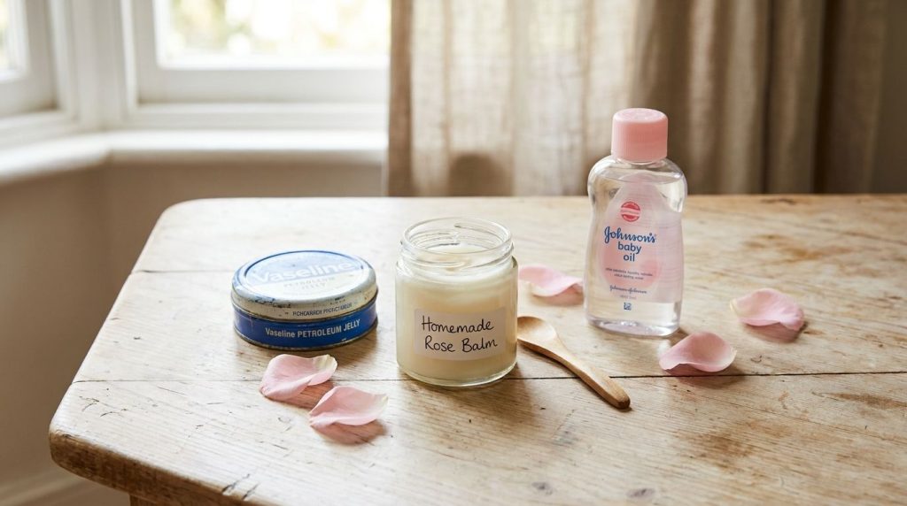A small clear glass jar containing a creamy homemade balm Beside it are a tube of Vaseline and a bottle of Johnson s Bab
