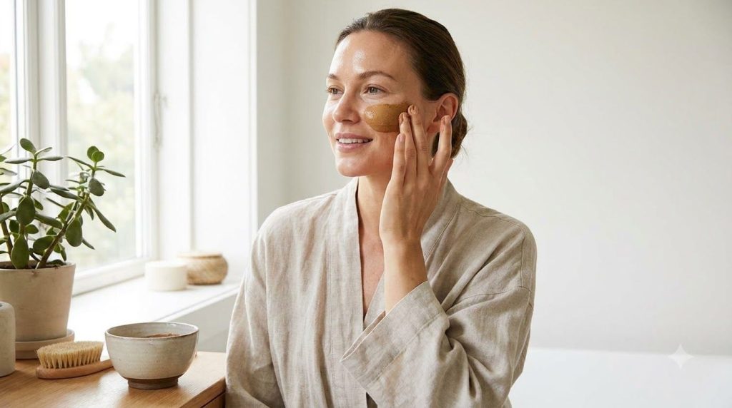 A woman with a serene expression gently applying a natural face mask to her cheek with her fingertips in a brightly lit 
