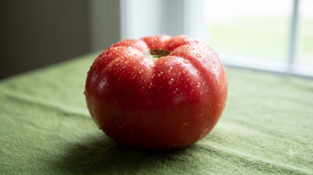 A close-up of a fresh ripe red tomato with a few water droplets on its skin set against a softly blurred natural backgro