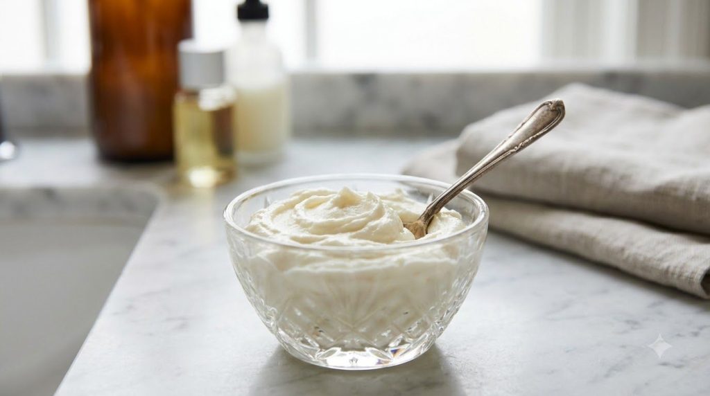 A close-up of a small glass bowl containing the mixed DIY balm which has a smooth creamy texture A small spoon rests ins