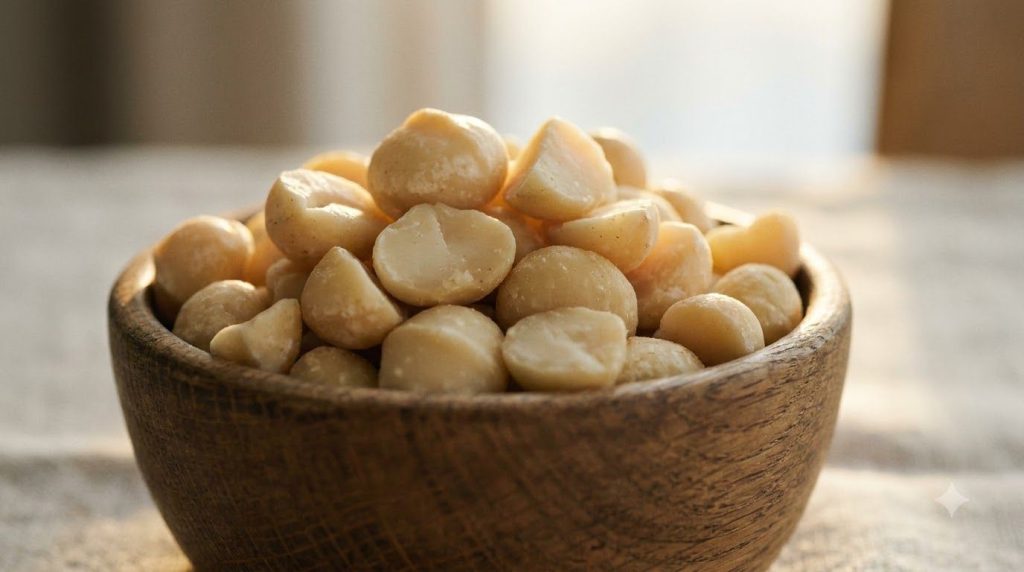 A close-up of a bowl of macadamia nuts highlighting their creamy texture and light color