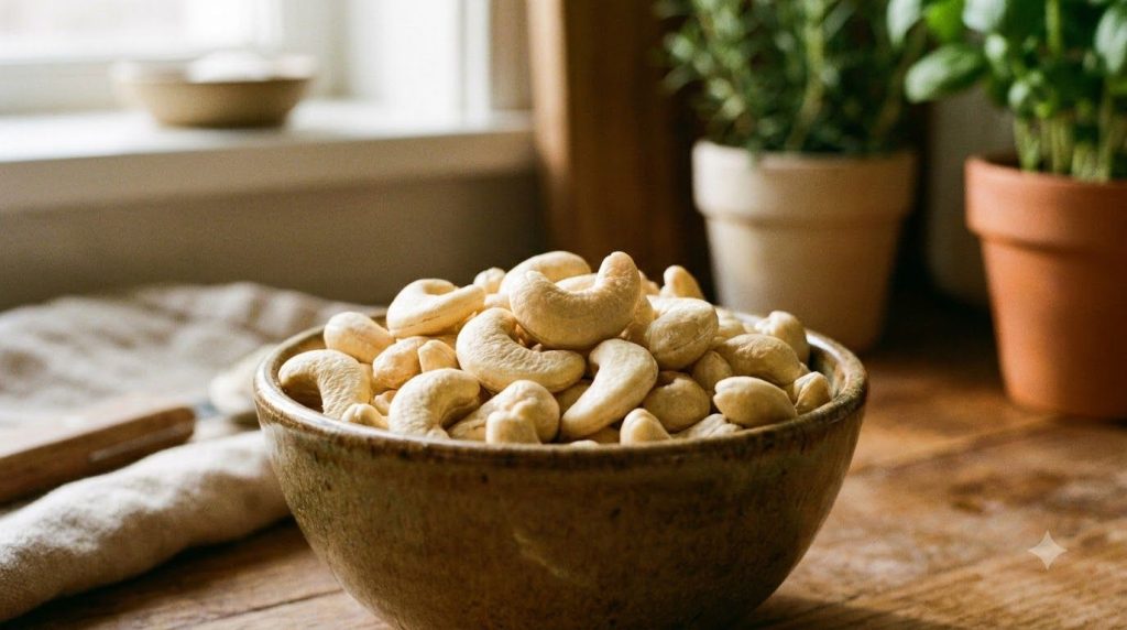 A close-up of a bowl of cashews showcasing their distinctive kidney shape and light color