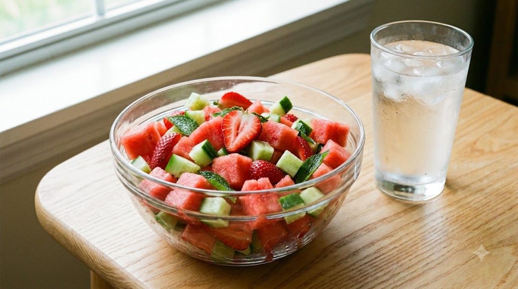 A vibrant colorful fruit salad featuring watermelon strawberries and cucumber cubes in a clear bowl with a glass of wate