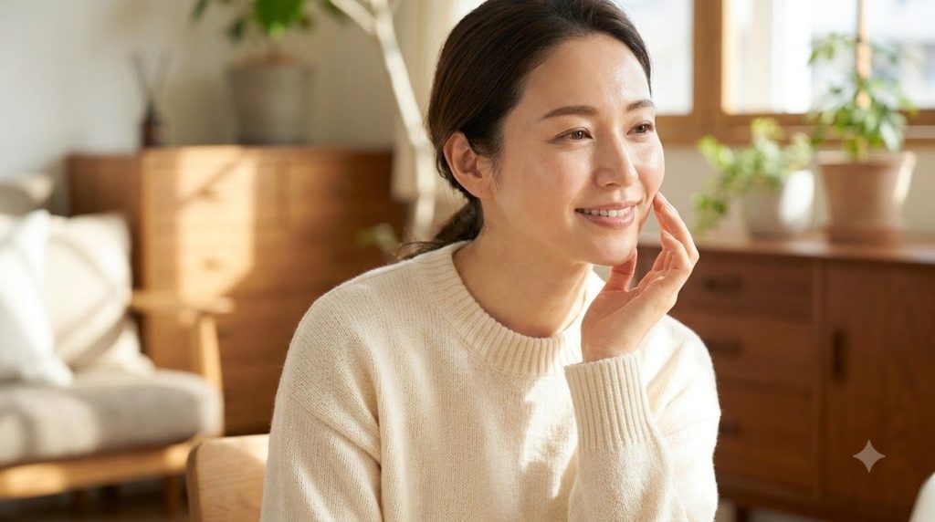 A woman gently touching her smooth radiant cheek with a soft warm glow on her skin implying healthy youthful skin