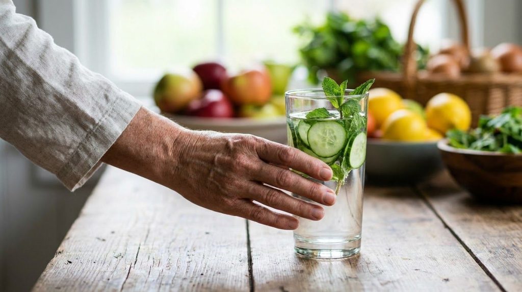 A person s hand reaching for a glass of water infused with cucumber slices and mint leaves on a rustic wooden table with