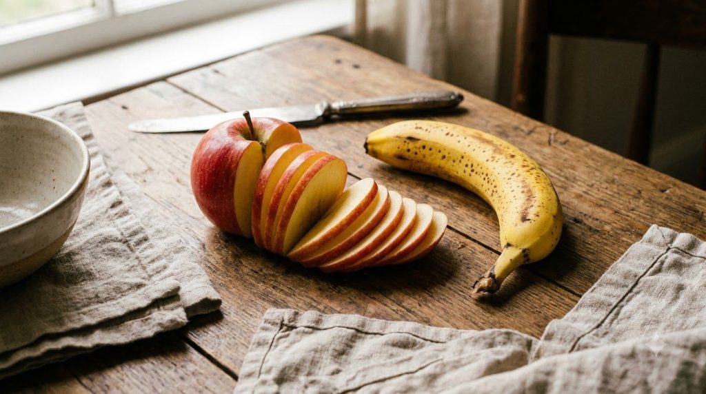 A sliced apple and a whole banana arranged beautifully on a rustic wooden table with a measuring tape or scale to signif