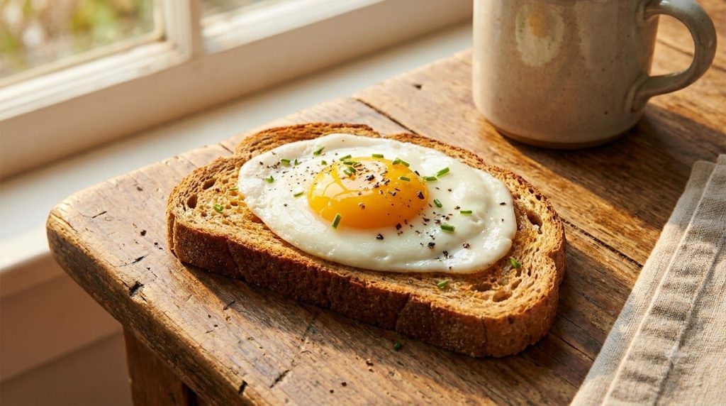 A sunny side up egg on toast illustrating a common and delicious way to get choline