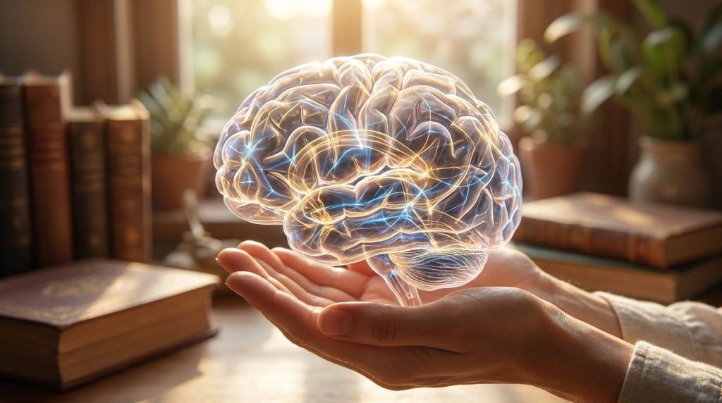 Close-up of a brain illustration with abstract neural connections symbolizing cognitive function and brain health