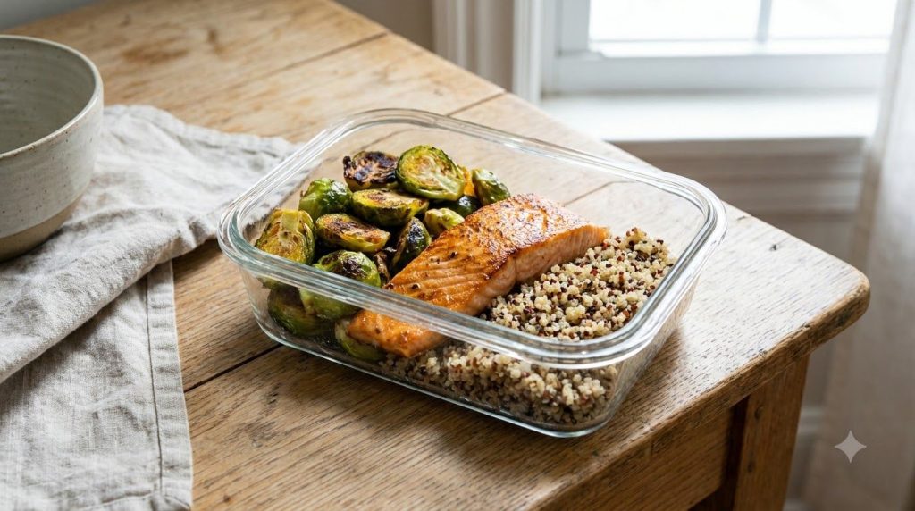 A healthy and colorful meal prep container filled with grilled salmon roasted Brussels sprouts and quinoa symbolizing pr