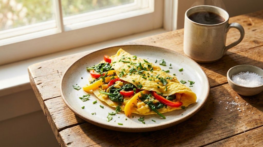 A vibrant plate of scrambled eggs with colorful vegetables like spinach and bell peppers