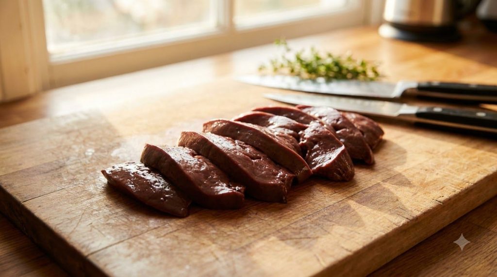 A close-up shot of raw beef liver on a cutting board ready for preparation