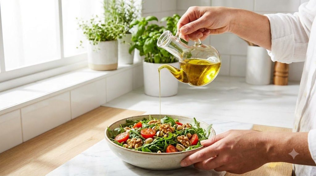 A person preparing a healthy meal adding olive oil to a salad with fresh vegetables and nuts demonstrating healthy cooki