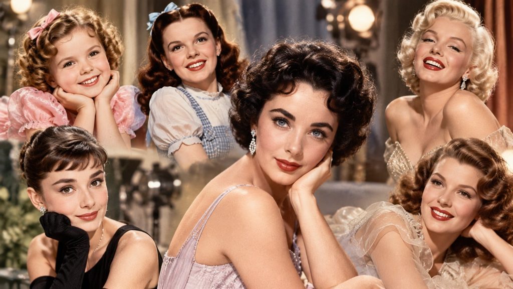 A vintage collage of famous young Hollywood stars from the Golden Age like Shirley Temple Judy Garland and Elizabeth Tay