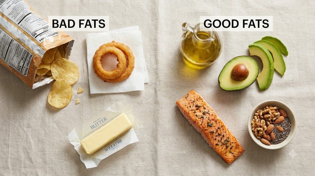 An array of bad fats like processed snacks fried food and butter on one side contrasted with good fats like olive oil av
