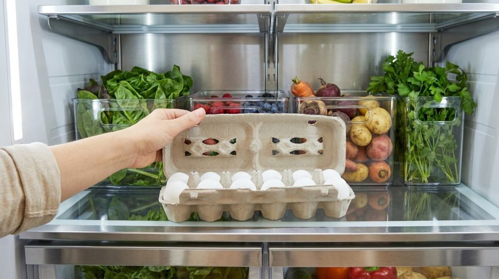 A carton of fresh eggs being carefully placed into a refrigerator shelf
