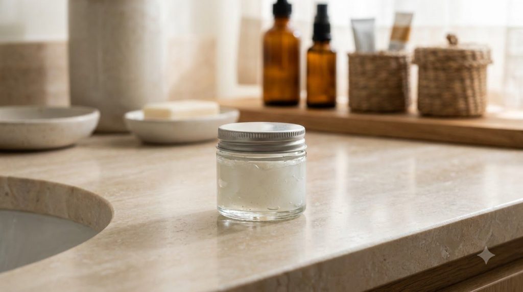 A small clear glass jar of homemade under-eye gel on a clean vanity with a blurry background of a skincare routine